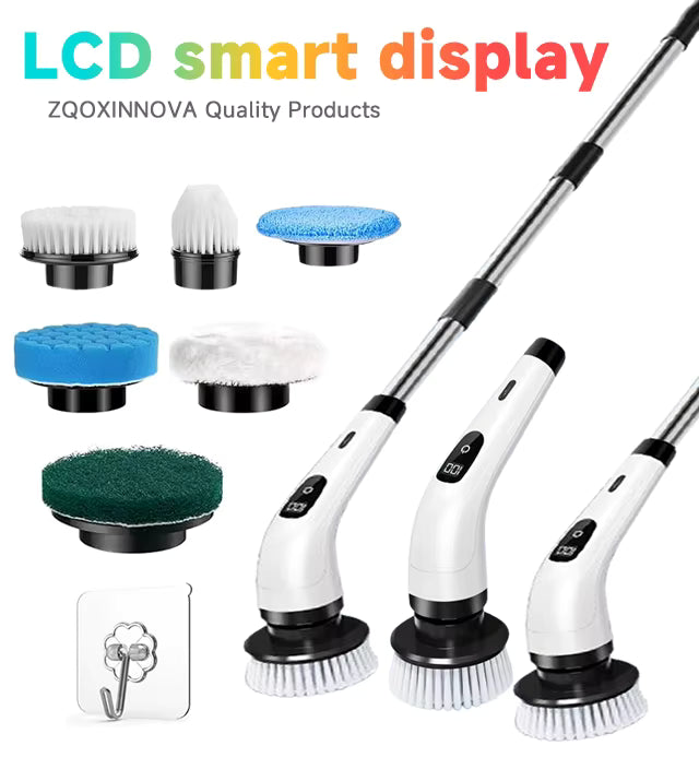 Cleaning tool set with interchangeable brushes and LCD display on a white background, featuring ZQOXINNOVA brand.