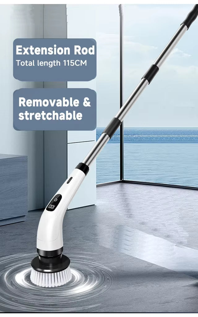 Cleaning tool with extension rod and scrubber head on a wet floor, with text indicating features.
