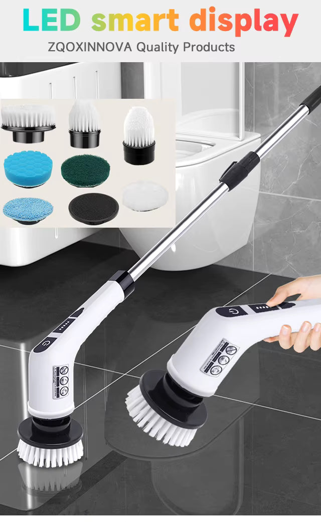 Cleaning tool with LED smart display and scrubber heads on a tiled floor, ZQOXINNOVA brand visible.