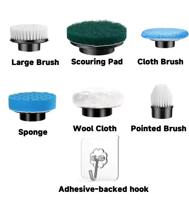 Set of cleaning brushes and accessories with labels on a white background