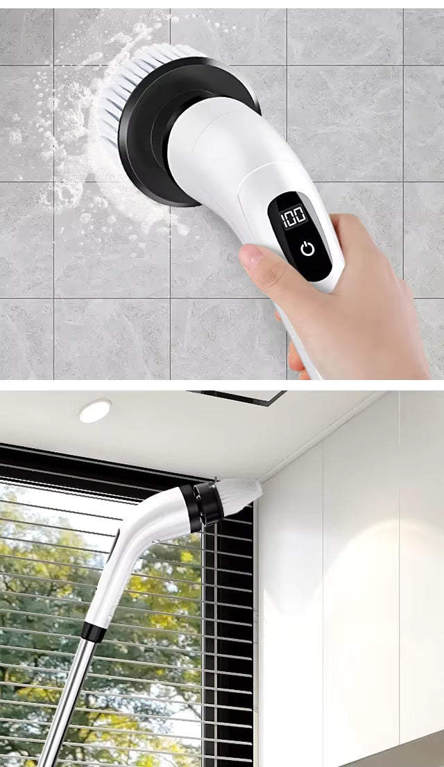 Handheld cleaning brush with digital display on a tiled floor and cleaning a window.