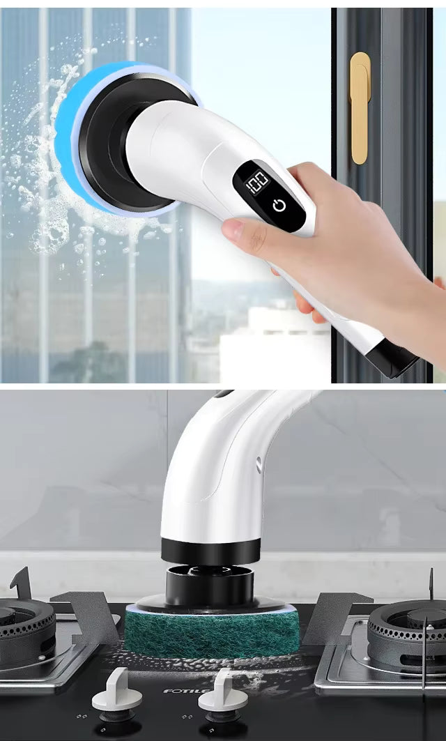 Handheld cleaning tool with a digital display being used to clean a window and a stove.